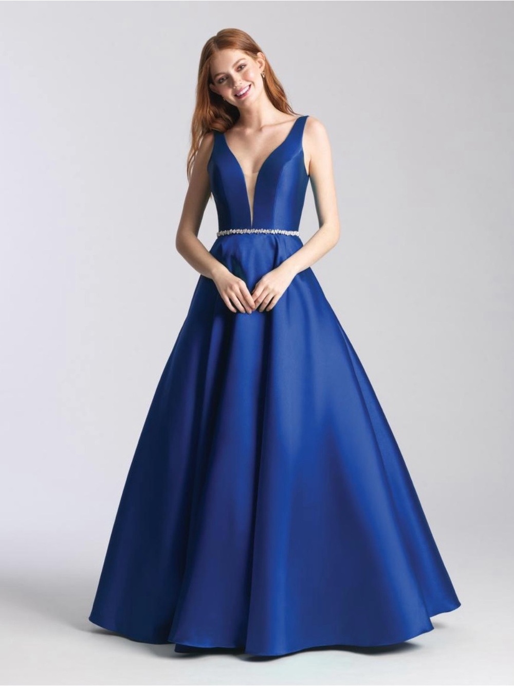 madison james Royal Blue Plunging V Ball Gown with Jeweled Waist